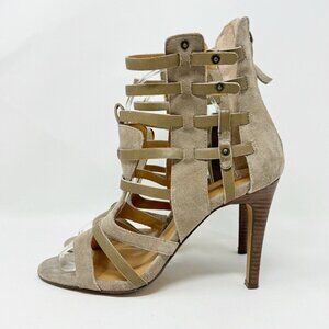 Levity Gladie Strappy Leather Stacked‎ Heel Taupe Gladiator Tan Ankle Mule 8